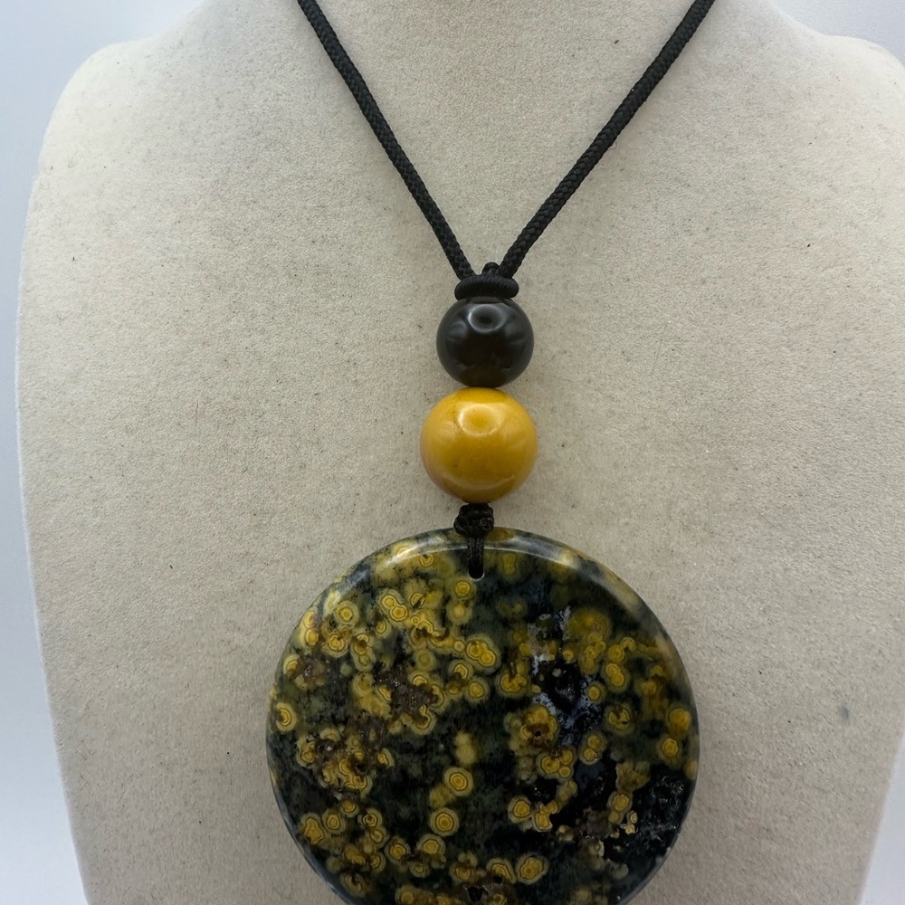 Large Round Ocean Jasper Pendant Necklace with Mookaite Jasper and Onyx on Rope - Picture 7 of 14